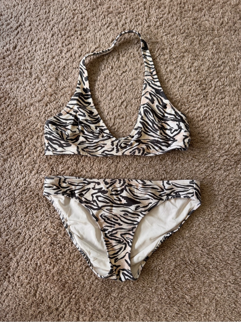AERIE Shine Rib Large Halter Bikini Top & Full Coverage Bottom Medium Swim